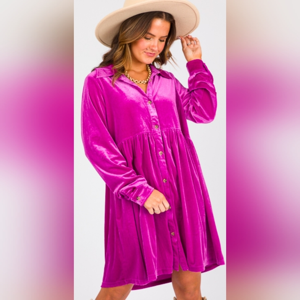 Women's Velvet Button-Up Baby Doll Top - Pink